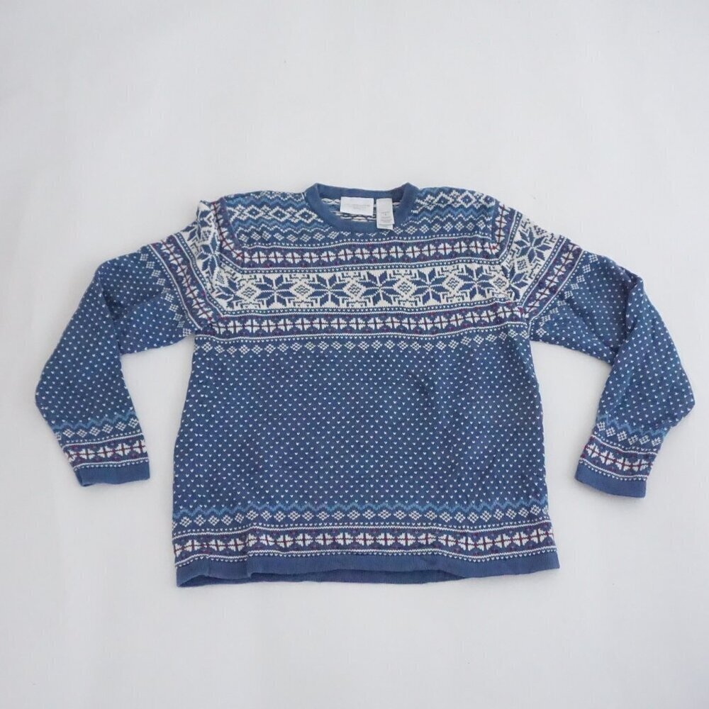 Vintage Liz Claiborne Blue Fair Isle Snowflake Nordic Knit Crewneck Sweater PS